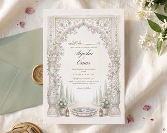 Puede incluir: Una tarjeta de invitación de boda rectangular con una ilustración de arco adornado con detalles florales, una fuente central y el texto Ayesha & Omar, Nikah & Walima, Saturday 5th June 2027, at The Rosewood Estate, Cape May.