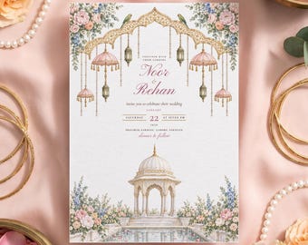 Puede incluir: Una tarjeta de invitación de boda rectangular con una ilustración en acuarela de un pabellón con cúpula, linternas colgantes y arreglos florales. El texto dice Noor & Rehan, invite you to celebrate their wedding, Saturday 22, 2028.