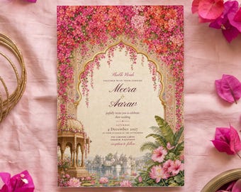 Puede incluir: Una tarjeta de invitación de boda rectangular con una ilustración de arco central enmarcada por flores de buganvilla de color rosa vibrante. El diseño incluye un palacio detallado, flores de loto y el texto Shubh Vivah, Meera y Aarav.