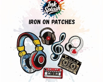 Retro Music Iron On Patches: Embroidered Headphones, Cassette Tape & Treble Clef.