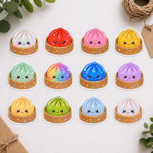 May include: A set of twelve individual stickers featuring cartoon dumplings in bamboo steamers. Each dumpling has a smiling face and a glittery, holographic finish. The colours include white, red, pink, yellow, green, rainbow, blue, and purple.