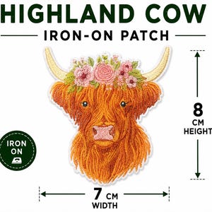 May include: An embroidered iron-on patch featuring a ginger Highland cow with a floral crown. The patch measures 7 cm in width and 8 cm in height. The text reads HIGHLAND COW IRON-ON PATCH and IRON ON with an iron icon.