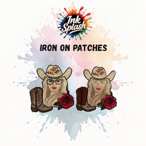 May include: Two embroidered iron-on patches showing a woman in a cowboy hat and glasses, with a red rose and cowboy boots. The patches are tan, brown, and red, with the text "Ink Splash" and "IRON ON PATCHES" above them.