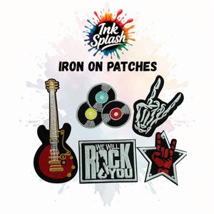 May include: A selection of iron-on patches with a rock and roll theme. Features a black and red guitar, three vinyl records, a skeleton hand, a star with a hand gesture, and a patch that says "We Will Rock You". The Ink Splash logo is at the top.