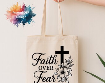 Faith Over Fear Tote Bag: Christian Cross Floral Design, Reusable Cotton