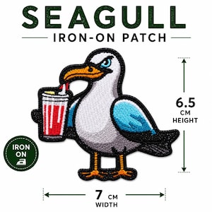 May include: An embroidered iron-on patch featuring a white, grey, and blue seagull holding a red and white striped cup with a straw. The text SEAGULL IRON-ON PATCH is visible. The patch measures 6.5 cm in height and 7 cm in width.
