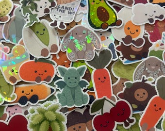 May include: A collection of assorted die-cut stickers featuring various cartoon characters including a green dragon, a carrot, cherries, a palm tree, a s'more, an avocado, and a bunny, all with smiling faces and some with holographic finishes.