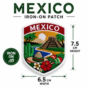 May include: An embroidered iron-on patch featuring a Mexico landscape with a pyramid, palm trees, cactus, a sombrero, and flowers. The patch measures 7.5 cm in height and 6.5 cm in width. The text MEXICO is embroidered at the top in white letters.