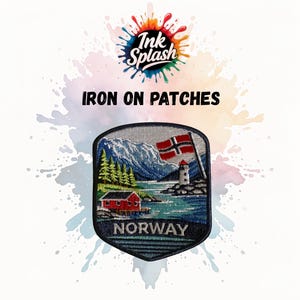 May include: Embroidered iron-on patch featuring a Norwegian landscape with a red flag, lighthouse, and mountains. The patch has the word "NORWAY" at the bottom. The image also includes the text "Ink Splash" and "IRON ON PATCHES".