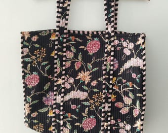 Black Flower Printed Tote Bag, Indian Printed Shoulder Bag, Eco Friendly Shopping Bag, 100% Cotton Quilted Tote Bag, Market Daily Use Bag