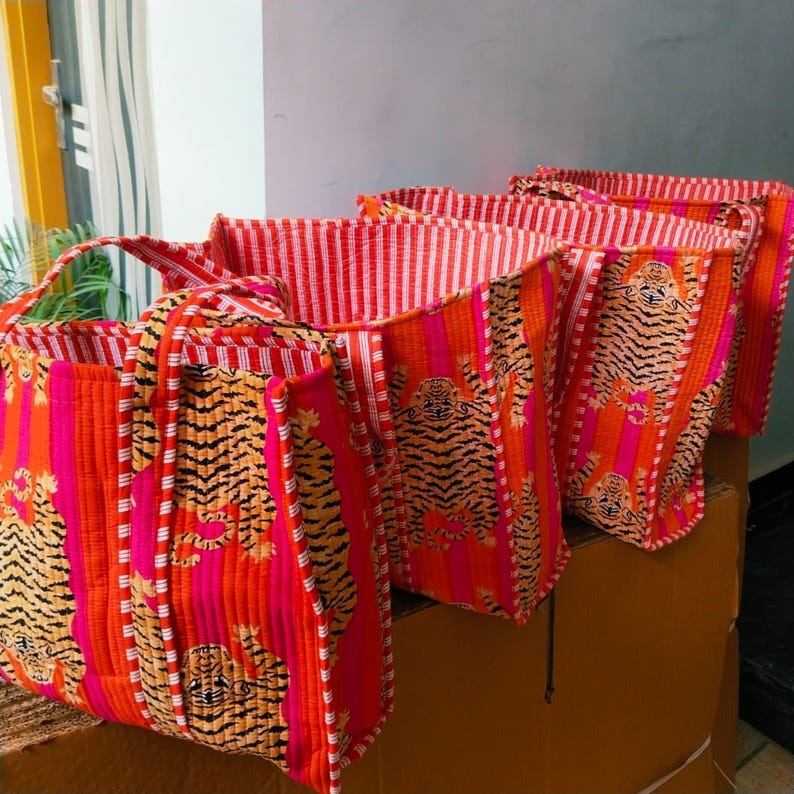 Tiger Print Tote bag, Shopping Bag, Gifts for girlfriend, Tiger print Tote bag, jungle print Tote bag, Quilted Tote bag, Bride Tote bag, Grocery bag, Market Bag, Handmade Tote bag, Large Tote bag, Floral print bag, Shoulder bag, Hand block Print bag, Vintage bag, Boho bag, Kantha Bag, Cotton bags, Patchwork bag, Reversible Bag, Bride Tote bag, Gifts for girlfriend, gifts for sister, Holiday gifts, Gifts for Wife, Indian fabric, Hand bag, Laptop bag, Tour bag, Travel bag, Office bag, Toiletry bag