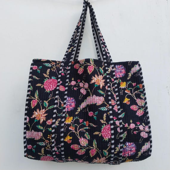 Cotton Flower Print Tote Bag: Quilted Indian Shoulder Bag, Daily Use Market Bags