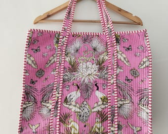 Cotton Tote Bag, Eco Friendly Shopping Bag, Indian Printed Shoulder Bag, Quilted Tote Bag, Quilted Tote Bag With Zipper