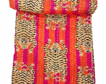 Tiger Print Kantha Quilt: Vibrant Orange & Pink Striped Cotton Bedspread, Indian Kantha Throw