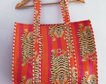 Tiger Print Baumwolltasche: Große gesteppte Schultertasche, indische Strandtasche