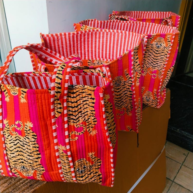 Tiger Print Tote bag, Shopping Bag, Gifts for girlfriend, Tiger print Tote bag, jungle print Tote bag, Quilted Tote bag, Bride Tote bag, Grocery bag, Market Bag, Handmade Tote bag, Large Tote bag, Floral print bag, Shoulder bag, Hand block Print bag, Vintage bag, Boho bag, Kantha Bag, Cotton bags, Patchwork bag, Reversible Bag, Bride Tote bag, Gifts for girlfriend, gifts for sister, Holiday gifts, Gifts for Wife, Indian fabric, Hand bag, Laptop bag, Tour bag, Travel bag, Office bag, Toiletry bag