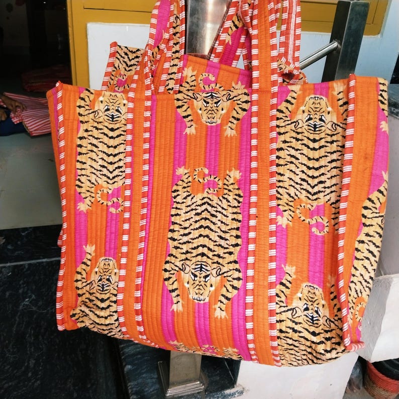 Tiger Print Tote bag, Shopping Bag, Gifts for girlfriend, Tiger print Tote bag, jungle print Tote bag, Quilted Tote bag, Bride Tote bag, Grocery bag, Market Bag, Handmade Tote bag, Large Tote bag, Floral print bag, Shoulder bag, Hand block Print bag, Vintage bag, Boho bag, Kantha Bag, Cotton bags, Patchwork bag, Reversible Bag, Bride Tote bag, Gifts for girlfriend, gifts for sister, Holiday gifts, Gifts for Wife, Indian fabric, Hand bag, Laptop bag, Tour bag, Travel bag, Office bag, Toiletry bag