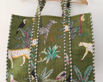 Green Jungle Tote Bag, Indian Printed Shoulder Bag, Eco Friendly Shopping Bag, 100% Cotton Quilted Tote Bag, Market Daily Use Bag