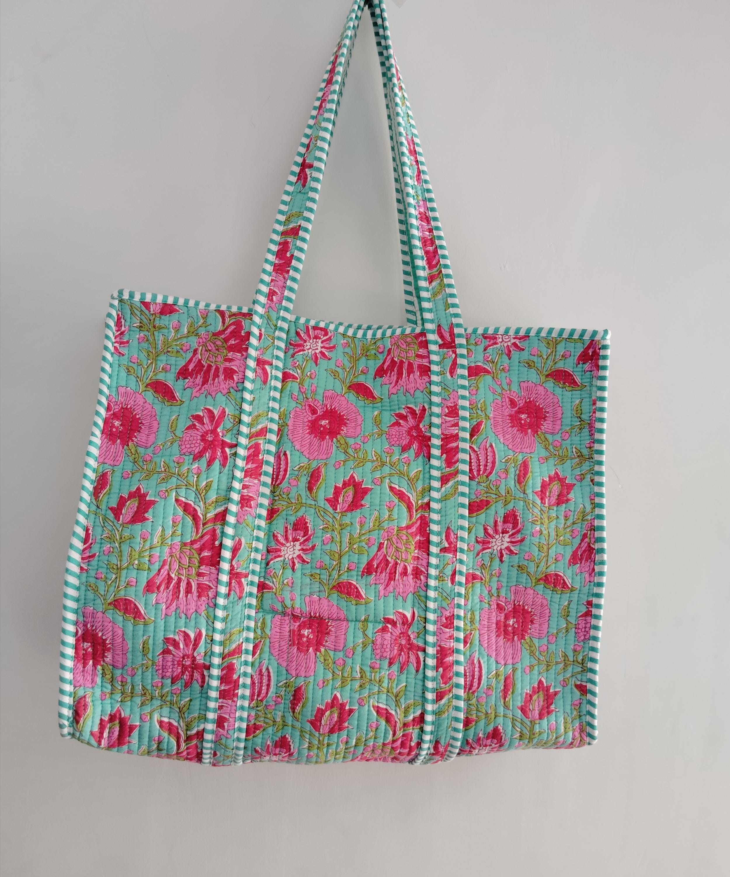 Flower Print Cotton Tote Bag, Indian Shoulder Bag, Quilted Tote Bag, Eco Friendly Shopping Bag, Indian Tote Bag