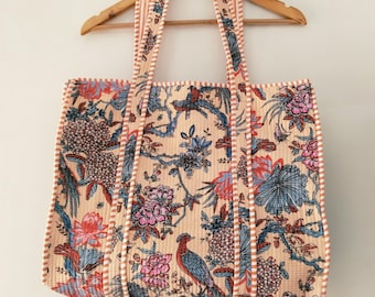 Cotton Tote Bag, Indian Shoulder Bag, Flower Print Tote Bag, Daily Use Market Shopping Bag, Indian Quilted Tote Bag