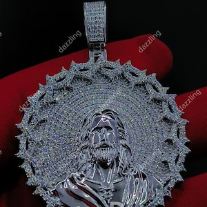2Ct Round VVS1 Moissanite Test Passer Jesus Pendant in 925 Sterling Silver, Christian Charm Pendant, Gift for Men Women