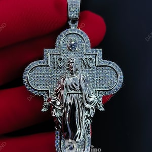 14k White Gold Plated Mother Virgin Mary with Cross Charm, Test Passer Moissanite, 925 Sterling Silver, Religious Gift