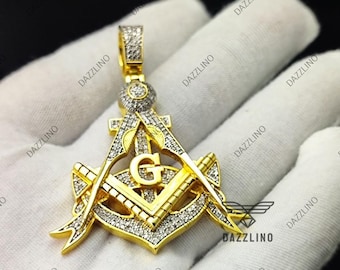 Freemason Moissanite Pendant 925 Silver Gold Masonic Compass Necklace Gift