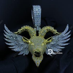 Genuine Moissanite 14k Yellow Gold Finish 925 Silver Goat pendant With Wings, Handmade Charm Pendant For Men/ Women , Goat pendant