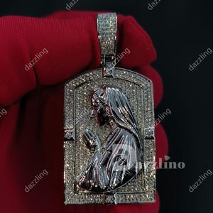 VVS1 Moissanite Test Passer Unisex Virgin Mary dog tag Charm Pendant 925 Sterling Silver, Religious Pendant Charm, 14k White Gold Plated,