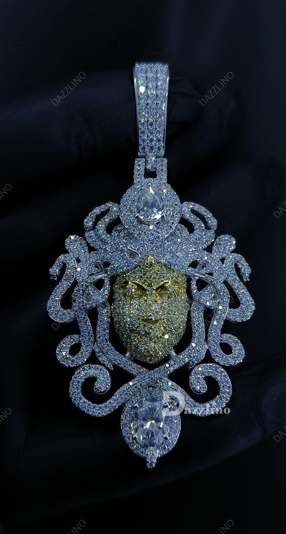 Medusa Moissanite Pendant 925 Silver Gold Finish Greek Mythology Necklace Handmade Jewelry Gift