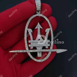 VVS1 Moissanite Test Passer Unisex Maserati Charm Pendant 925 Sterling Silver, Religious Pendant Charm, 14k White Gold Plated,