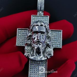 14k White Gold Plated Diamonds Jesus Face Cross Pendant Charm, Test Passer Moissanite, 925 Sterling Silver