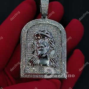 jesus Frame Pendent Solid 925 Sterling Silver Custom Religious Charm VVS1 Genuine Moissanite Test Passer, Gifted