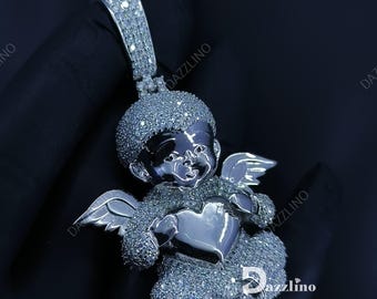 Moissanite Baby Angel Pendant, 925 Sterling Silver, Heart Charm