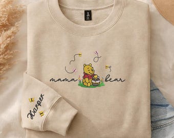 Sweat brodé maman ours, pull maman ours personnalisé avec nom d'enfant sur la manche, col rond nouvelle maman, tenue parfaite pour la fête des mères
