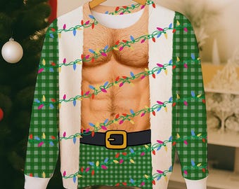 Funny Christmas Hairy Chest Sweater, Ugly Christmas Sweatshirt, Xmas Sweater for Mens, Ugly Christmas Party Outfit, Xmas Festive Sweatshirt