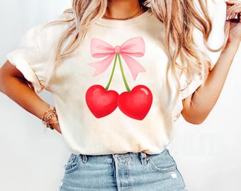 Chemise cerise Saint-Valentin, chemise girly Saint-Valentin, t-shirt coeur cerise, chemise Saint-Valentin couleurs confort, cadeau pour elle, t-shirt rétro Saint-Valentin
