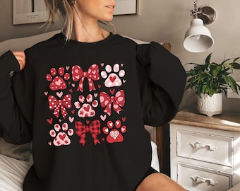 Sweat-shirt Saint-Valentin, pattes de chien et pull noeud coquette, jolie chemise Saint-Valentin pour femme, sweat à capuche chien maman Saint-Valentin, cadeau Saint-Valentin