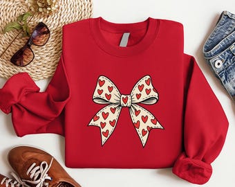 Coquette Bow Valentine Sweatshirt, Hearts Bow Valentines Day Shirt, Girly Valentine Crewneck, Unique Girlfriend Gift, Trendy Bow Sweater