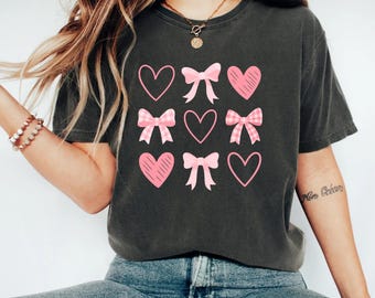 Chemise coeur rose avec noeud, t-shirt coquette Saint-Valentin, t-shirt rétro Saint-Valentin pour femme, chemise Love tendance, t-shirt coeur avec noeud
