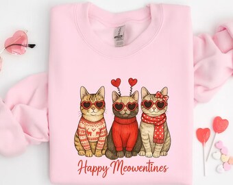 Cute Cats Valentijnssweater, Happy Meowentines-sweater, Valentijnsdag trui met ronde hals, Cat Lovers valentijnscadeau, trendy sweater