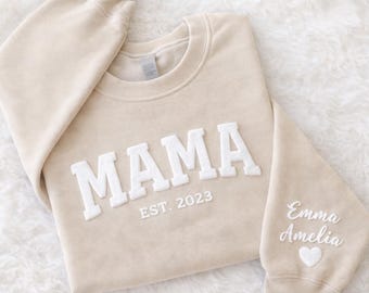 Embossed Mama with Kids Name Sweater, Custom Est Mama Puff Sweatshirt, Mother's Day Gift, Personalized Puff Print Mom Hoodie
