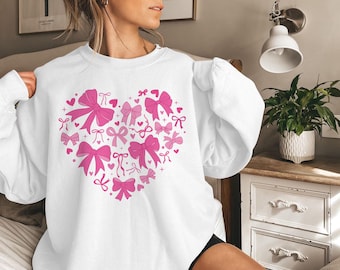 Sweatshirt coeur Saint-Valentin, pull coeur Saint-Valentin pour femme, chemise coeur avec noeuds roses, cadeau Saint-Valentin, col rond coeur Saint-Valentin