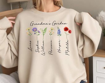 Sweat-shirt jardin de grand-mère personnalisé, fleur de naissance de petits-enfants avec nom pull de grand-mère, joli cadeau d'anniversaire pour grand-mère, cadeau de fête des mères