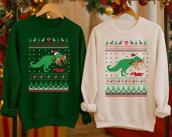 Funny Dinosaur Xmas Sweatshirt, T-Rex Eating Reindeer Christmas Sweatshirt, Ugly Christmas Jumper, Jurassic Holiday Gift for Men and Women