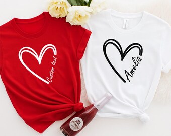 Chemise Saint-Valentin coeur avec texte personnalisé, T-shirts Saint-Valentin assortis pour couple, Chemise Saint-Valentin coeur prénom personnalisée, cadeau pour la Saint-Valentin