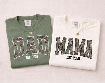 Chemise assortie pour papa, couleurs confort, chemise Est personnalisée, chemise universitaire camouflage maman, papa, chemise camouflage canard, t-shirt faire-part de nouveaux parents
