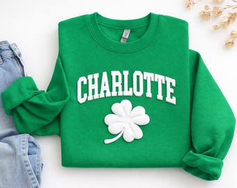 Custom Name St. Patrick's Day Puff Sweatshirt, Personalized Shamrock Embossed Sweatshirt, Four Leaf Clover Shirt