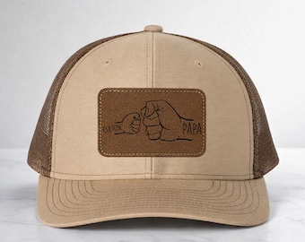 Casquette customisée Papa Fist Bump, casquette papa prénom enfant personnalisé, cadeau pour la fête des pères, chapeau papa patch en cuir gravé, chapeau papa personnalisé