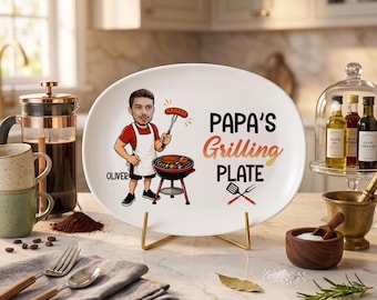 Personalisierter Papa Grillteller, Benutzerdefinierter Grillteller mit Namen und Vatergesicht, Grillmeister-Teller, Vatertagsgeschenk von Kindern, lustiges Vatergeschenk